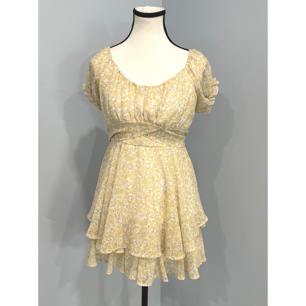 Altar'd State Lainey Small Yellow Floral Skort Romper Puffy Sleeve Mini Dress